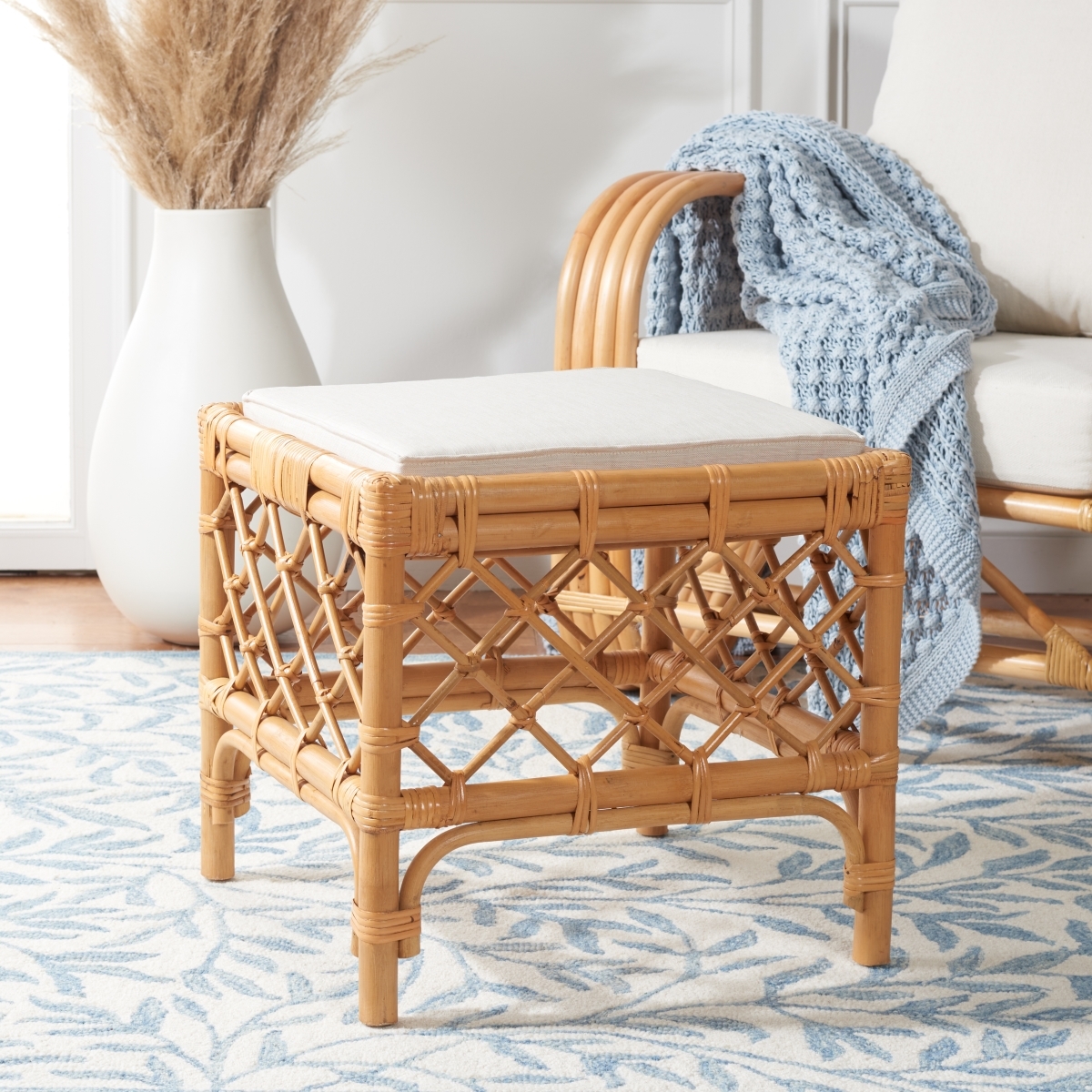 Larroux Rattan Ottoman W/ Cushion - Honey / White - Safavieh - Image 1