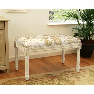 Chartreuse Tuscan Floral Linen Upholstered Bench With Antique White Finish And Welting - Image 0