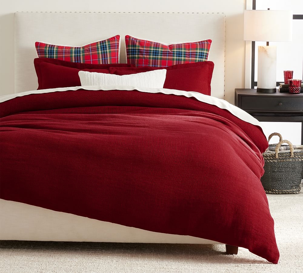 Red Berry Belgian Flax Linen Waffle Duvet Cover, Twin - Image 0