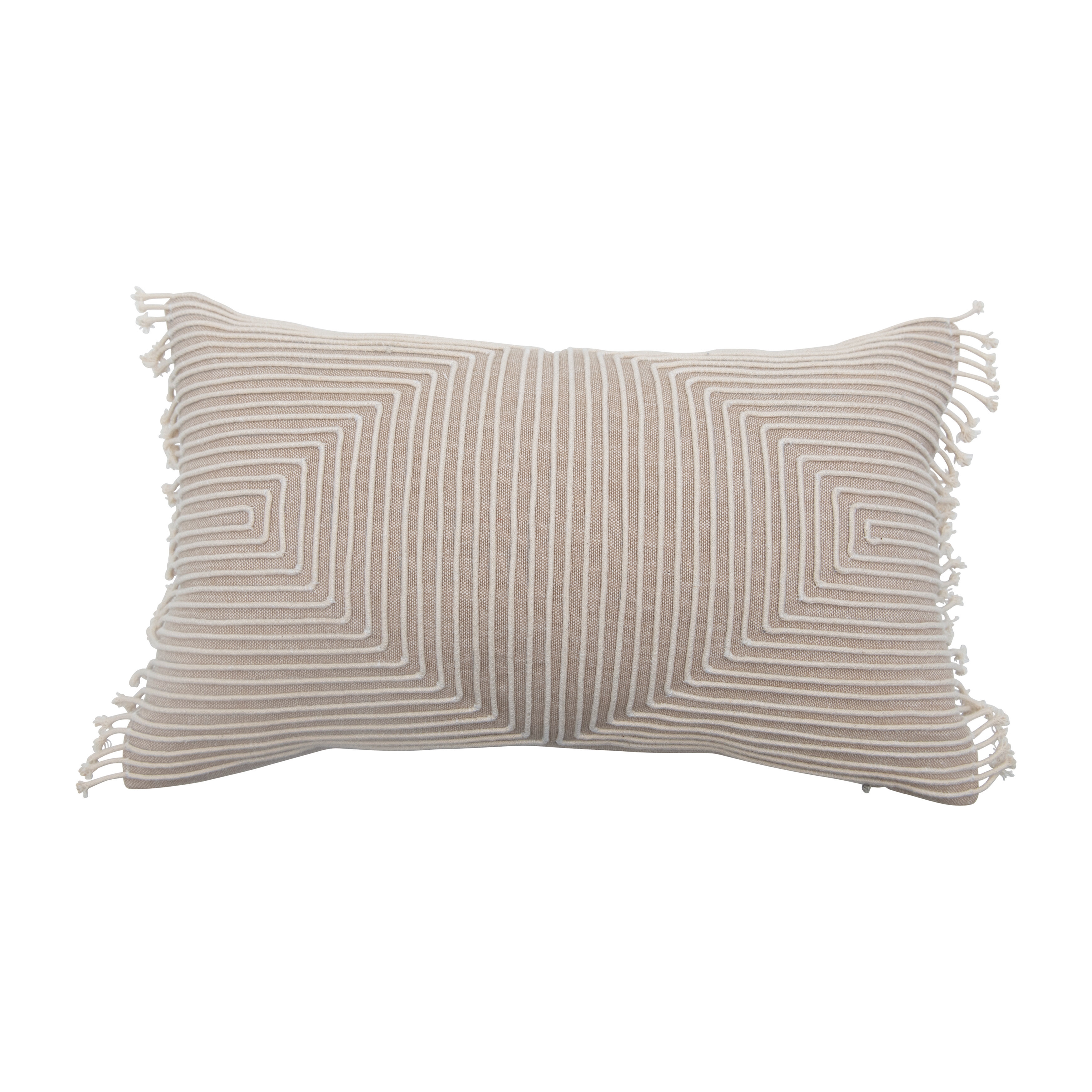Cotton Chambray Appliqued Lumbar Pillow with Piping & Fringe - Image 1