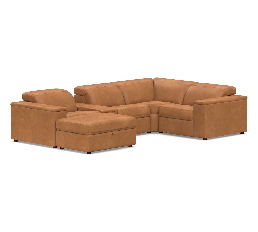 Ultra Lounge Square Arm Leather 6-Piece Reclining Sectional, Down Blend Wrapped Cushions, Churchfield Camel - Image 0