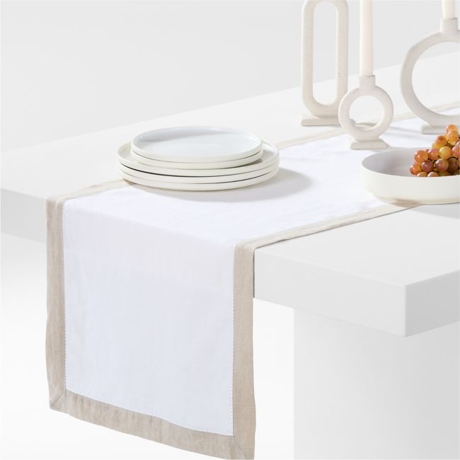 Marin 90" Natural and Cream EUROPEAN FLAX ™-Certified Linen Runner with Hemstitch - Image 0