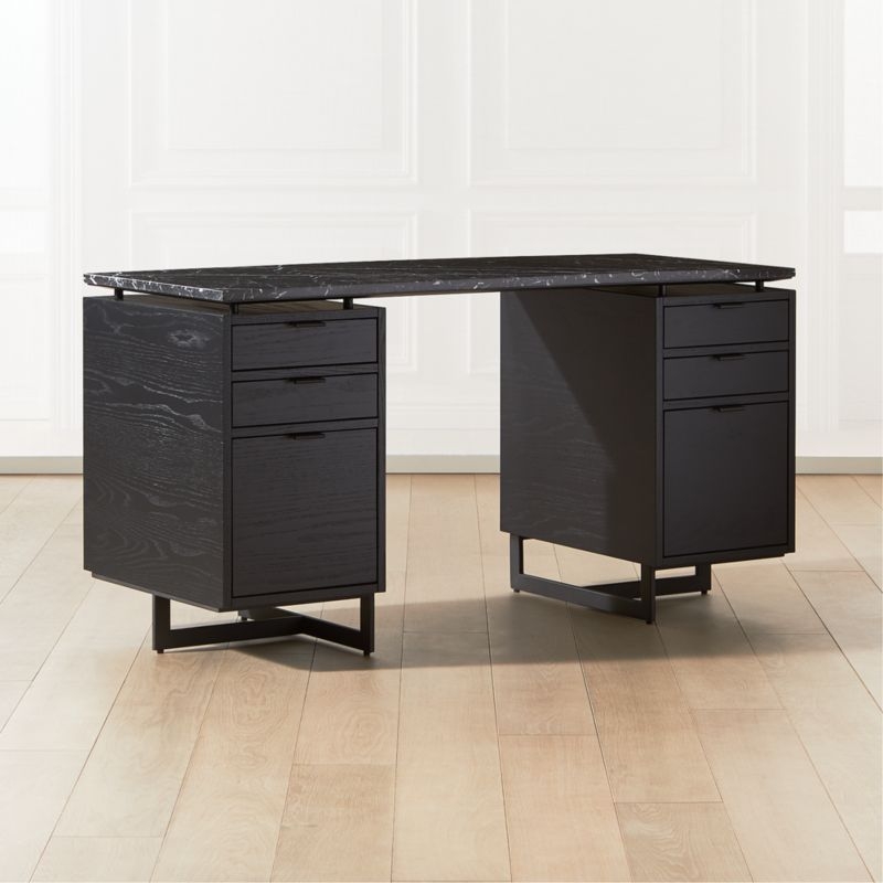 Fullerton 6-Drawer Black Oak Wood Desk with Black Marble Top - Image 1