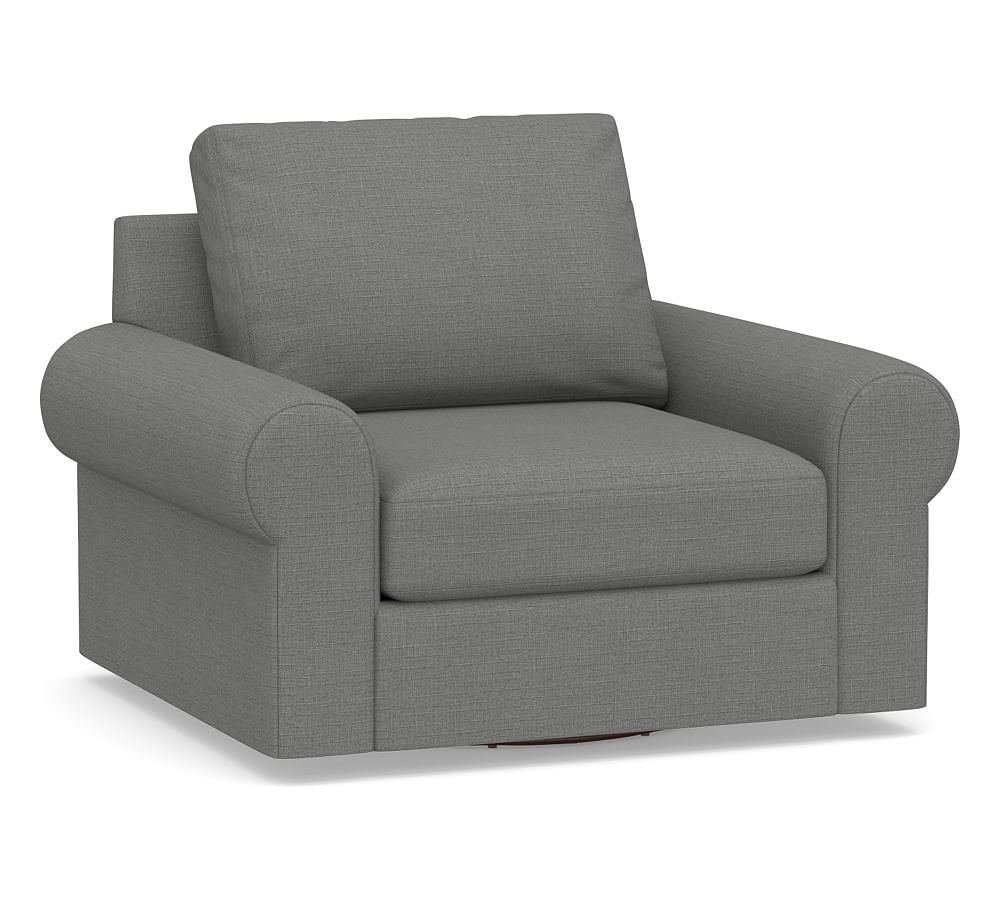 Big Sur Roll Arm Upholstered Swivel Armchair, Down Blend Wrapped Cushions, Basketweave Slub Charcoal - Image 0
