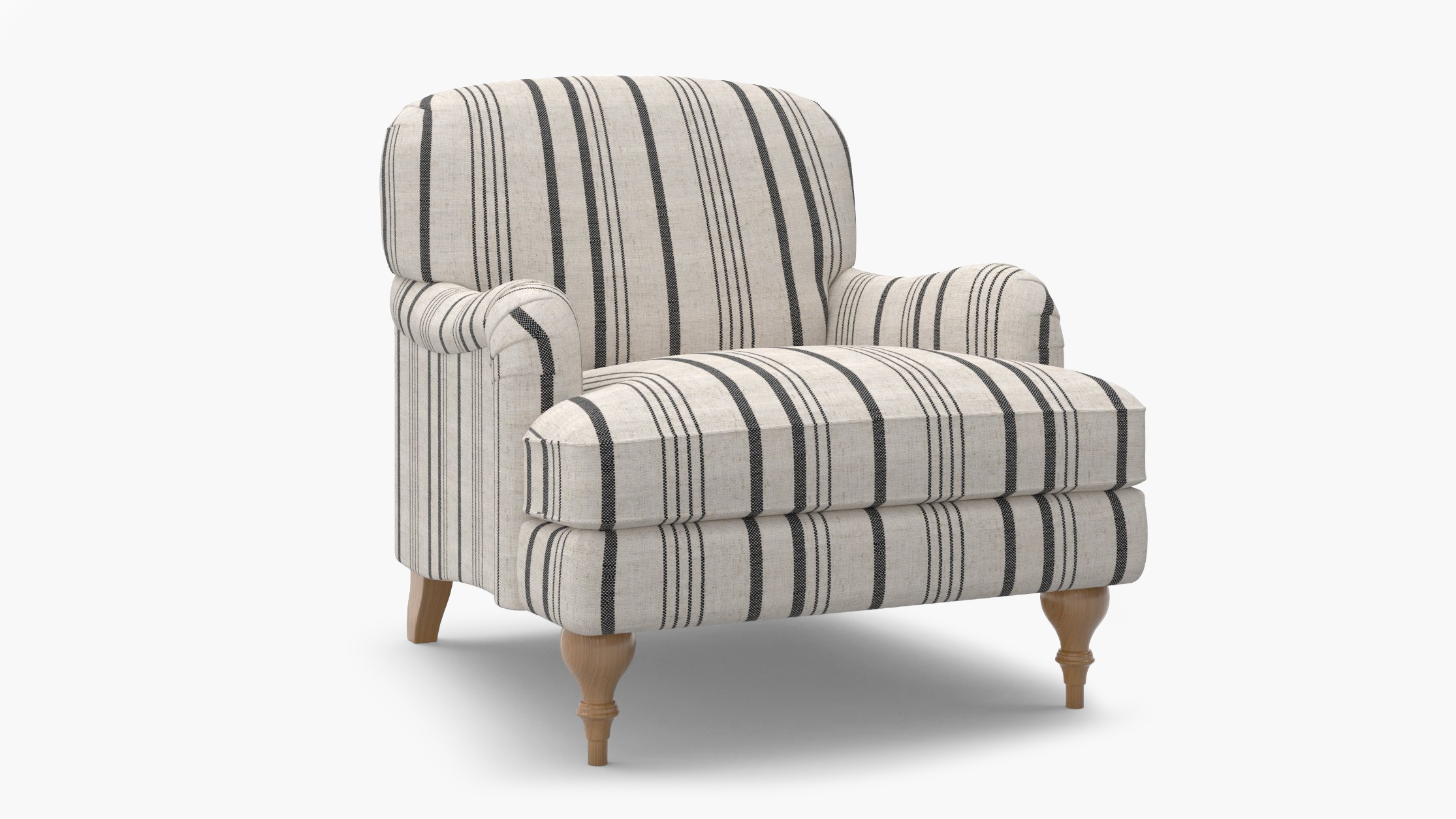 English Roll Arm Chair, Black Market Stripe, Natural Turned Wood Leg - Image 1