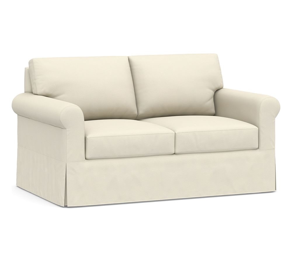 York Roll Arm Slipcovered Loveseat, Down Blend Wrapped Cushions, Park Weave Ivory - Image 0