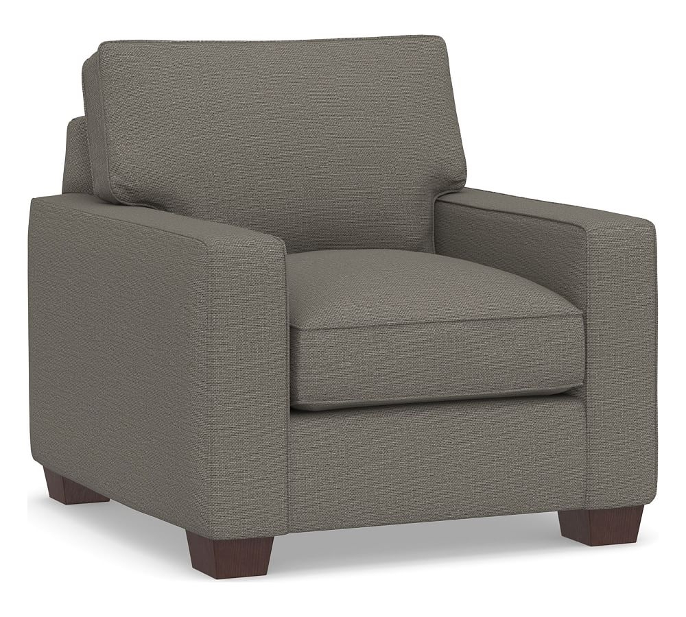 PB Comfort Square Arm Upholstered Armchair, Box Edge Down Blend Wrapped Cushions, Chunky Basketweave Metal - Image 0