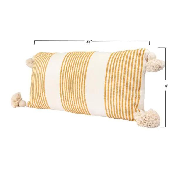 Cream Cotton & Chenille Pillow with Vertical Mustard Stripes, Tassels & Solid Cream Back - Image 1