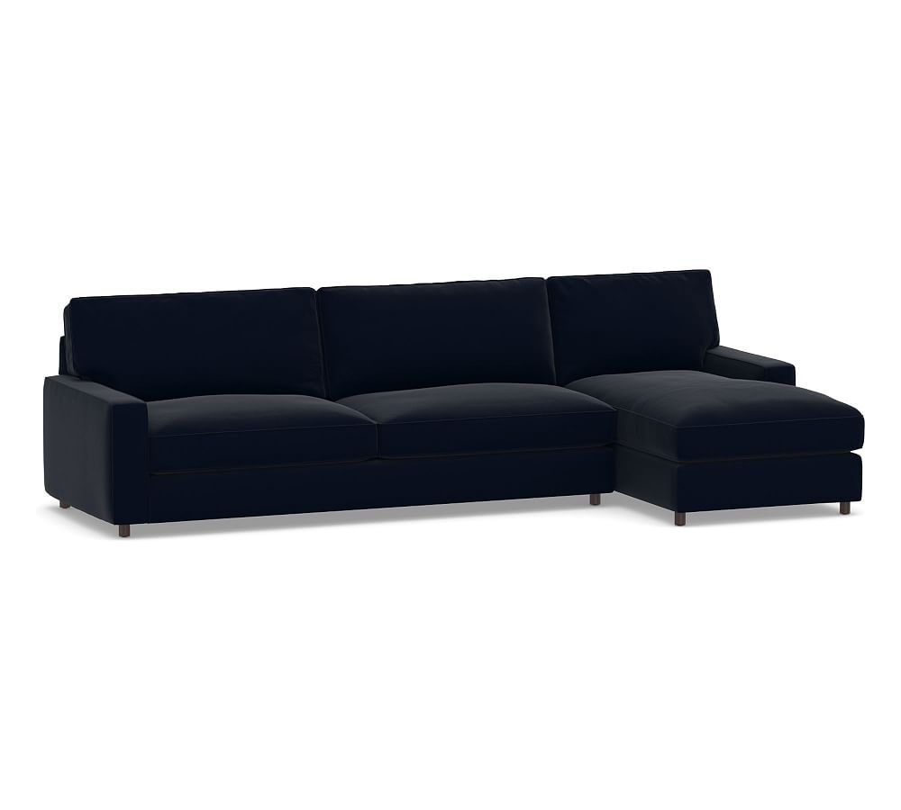 PB Comfort Square Arm Upholstered Left Arm Sofa with Chaise Sectional, Box Edge Memory Foam Cushions, Performance Plush Velvet Navy - Image 0