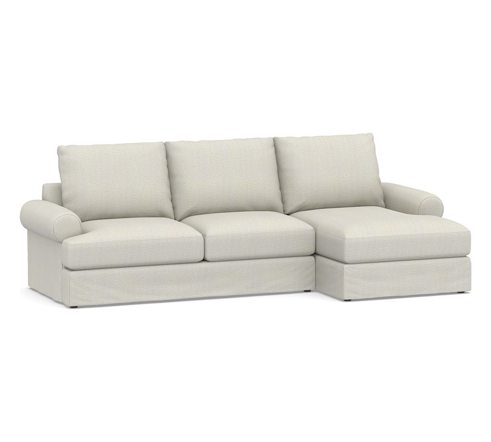 Canyon Roll Arm Slipcovered Left Arm Loveseat with Chaise Sectional, Down Blend Wrapped Cushions, Performance Heathered Basketweave Dove - Image 0