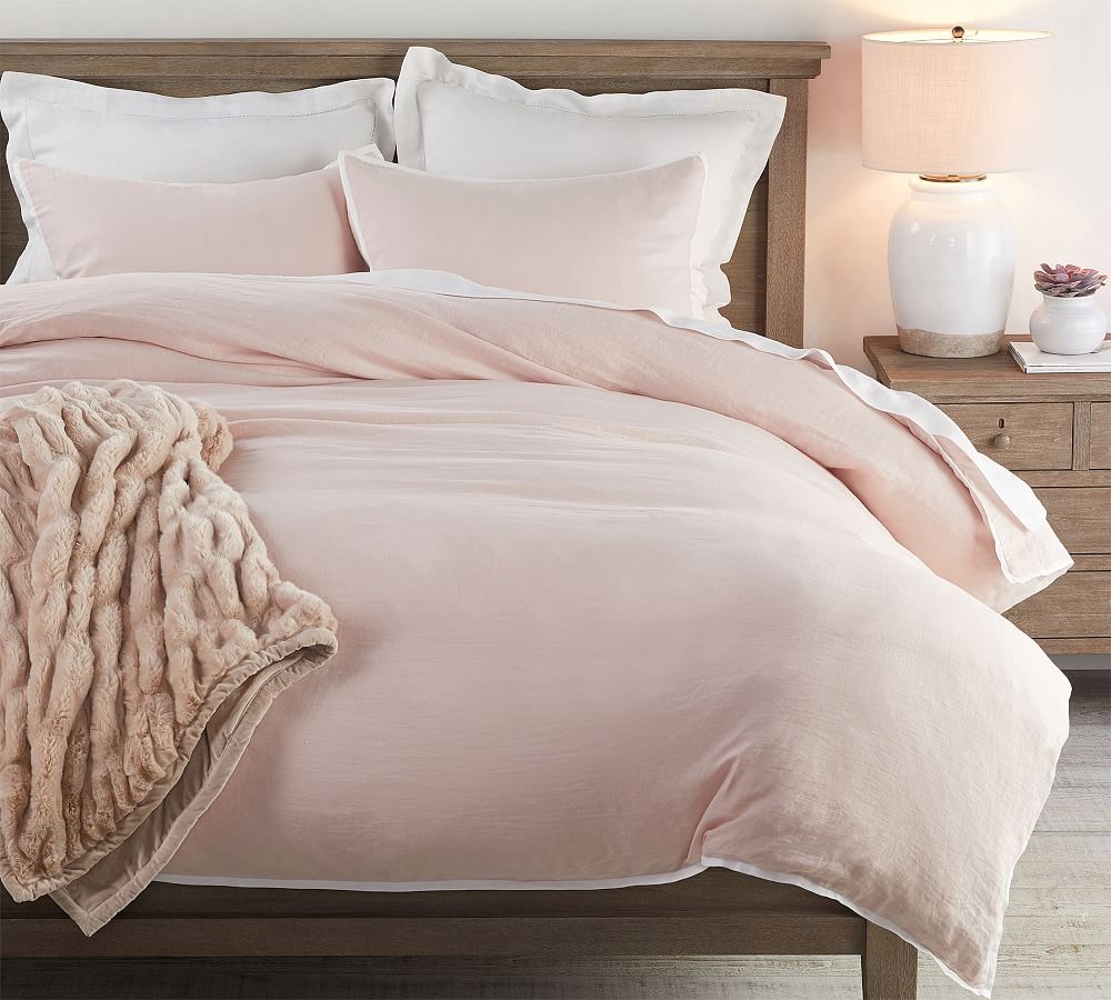 Belgian Flax Linen Contrast Flange Duvet Cover, Twin/Twin XL, Soft Rose/White - Image 0
