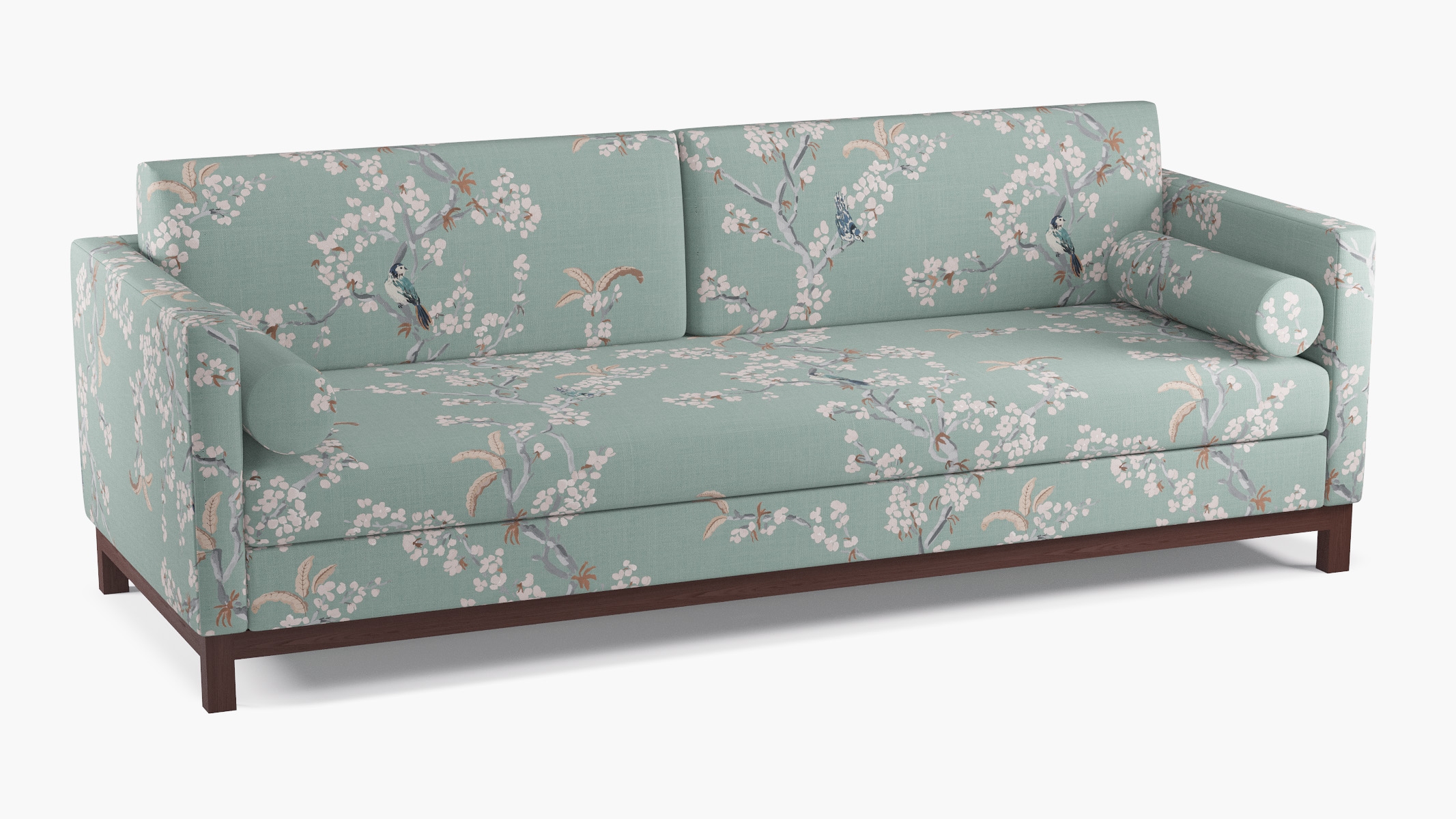 Tailored Tuxedo Sofa, Mint Cherry Blossom, Espresso Wood Rail - Image 1