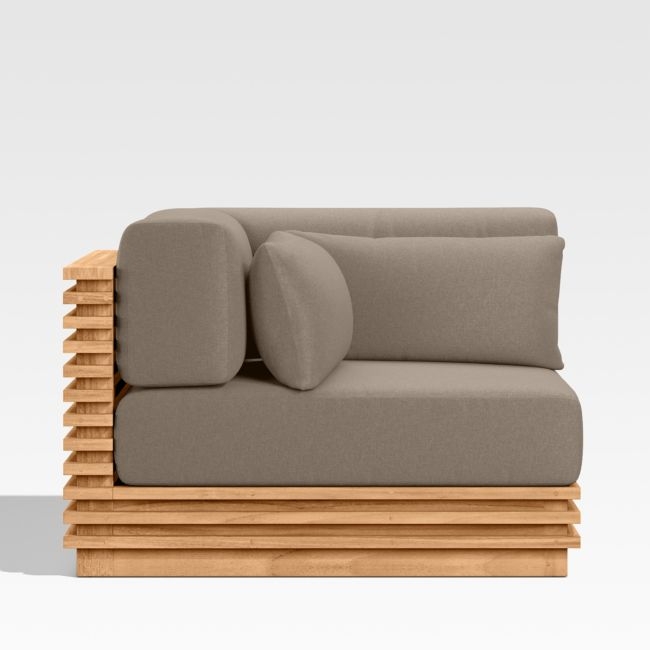 Batten Natural Teak Outdoor Corner Chair with Cast Shale Brown Sunbrella ® Cushions - Image 0