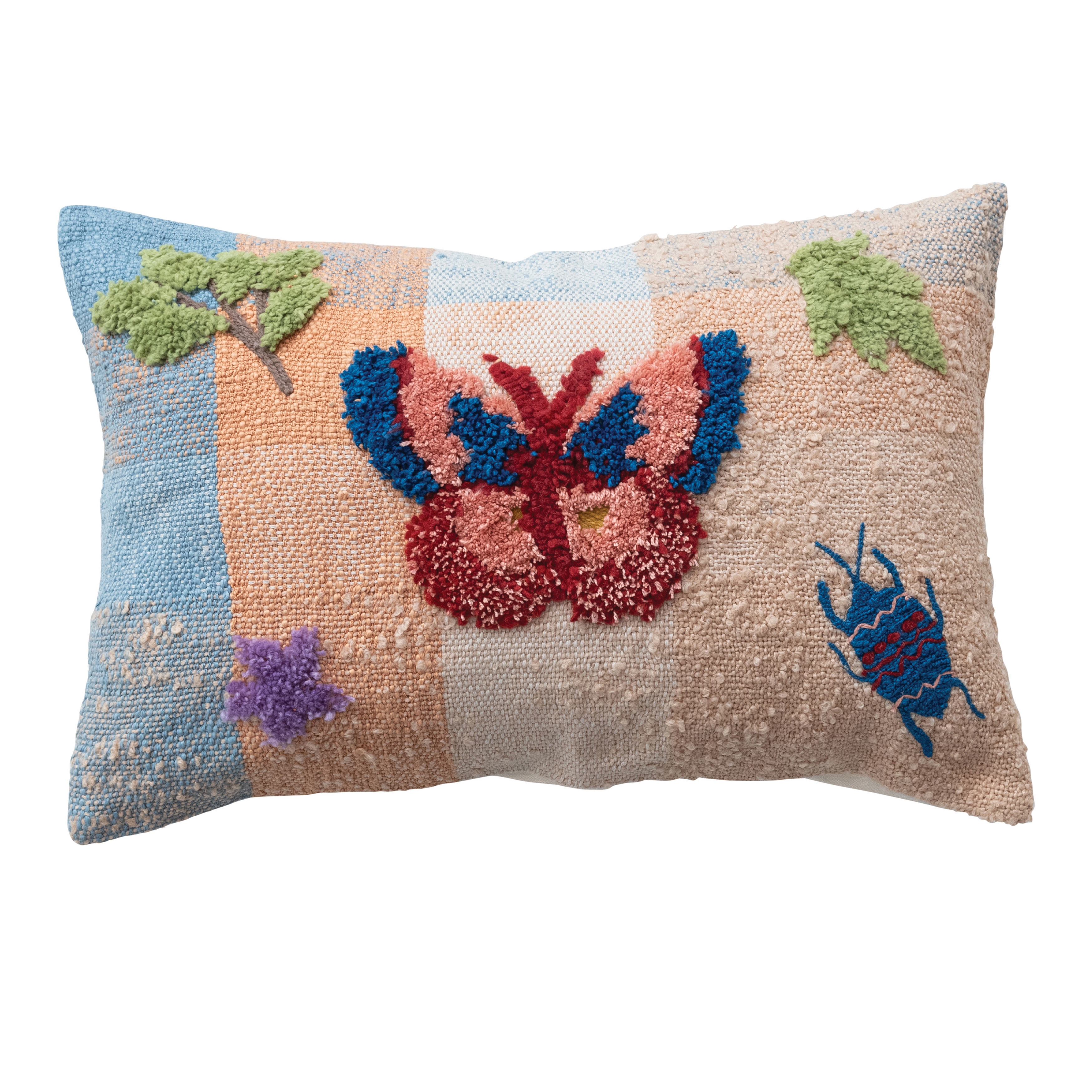 Indoor/Outdoor Woven Fabric Pillow with Tufting, Embroidery, and Insects, Multicolor - Image 0