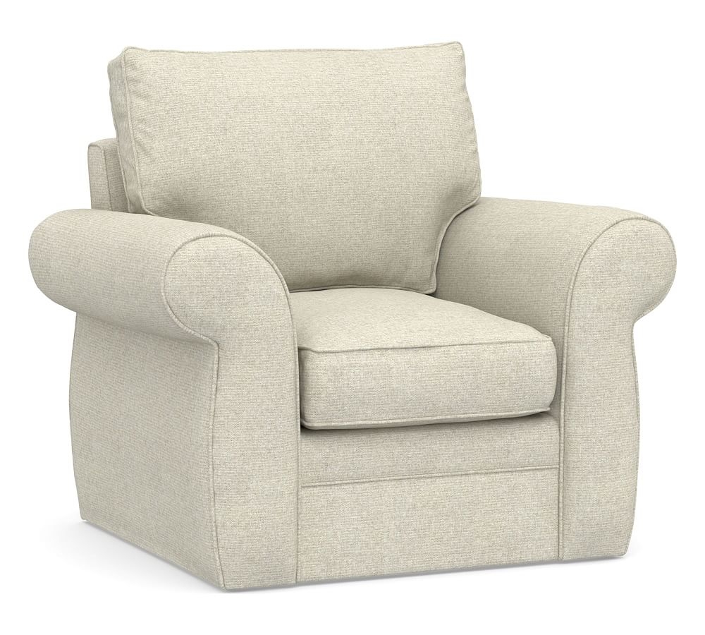 Pearce Roll Arm Upholstered Swivel Armchair, Down Blend Wrapped Cushions, Performance Heathered Basketweave Alabaster White - Image 0
