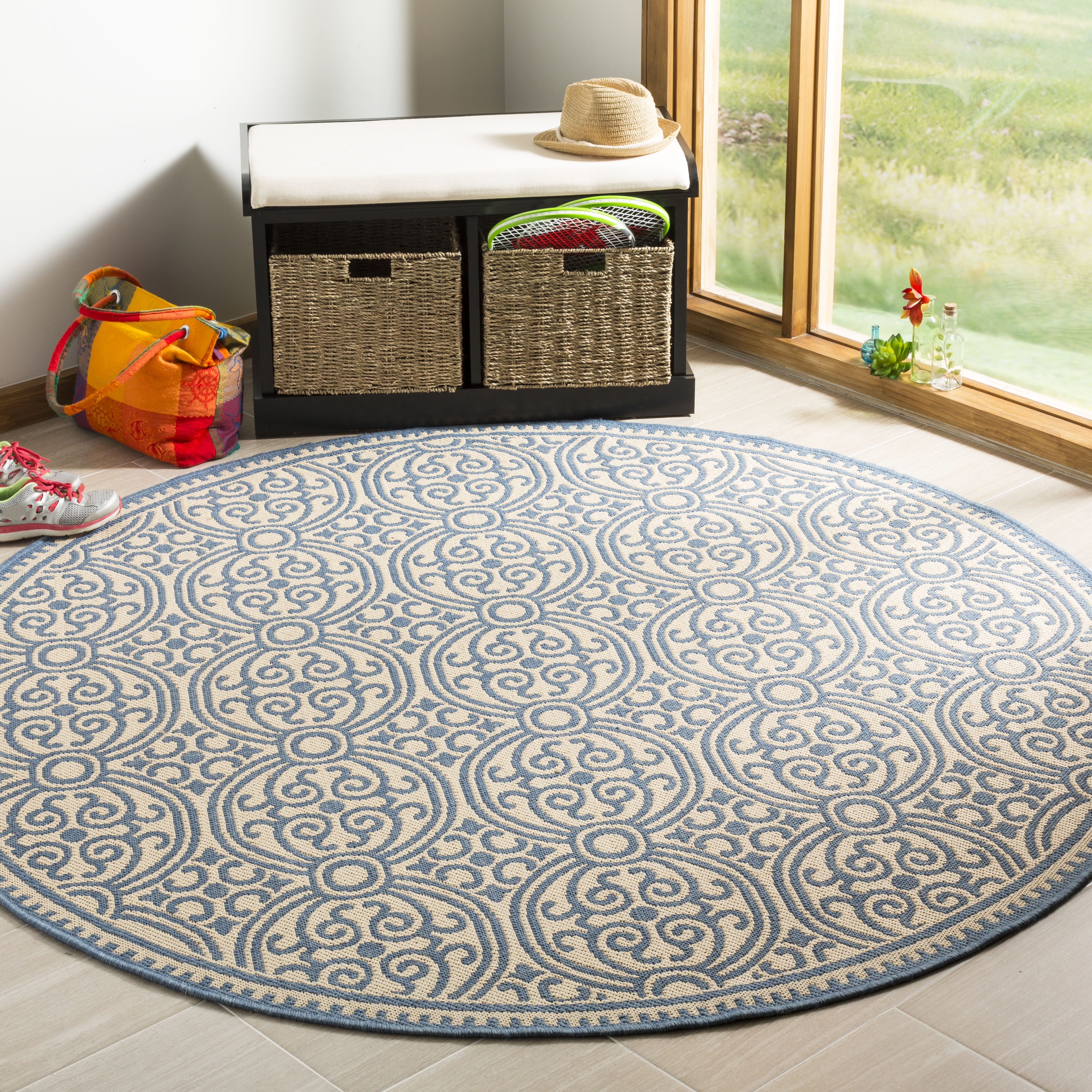 Arlo Home Indoor/Outdoor Woven Area Rug, LND134M, Blue/Cream,  6' 7" X 6' 7" Round - Image 1