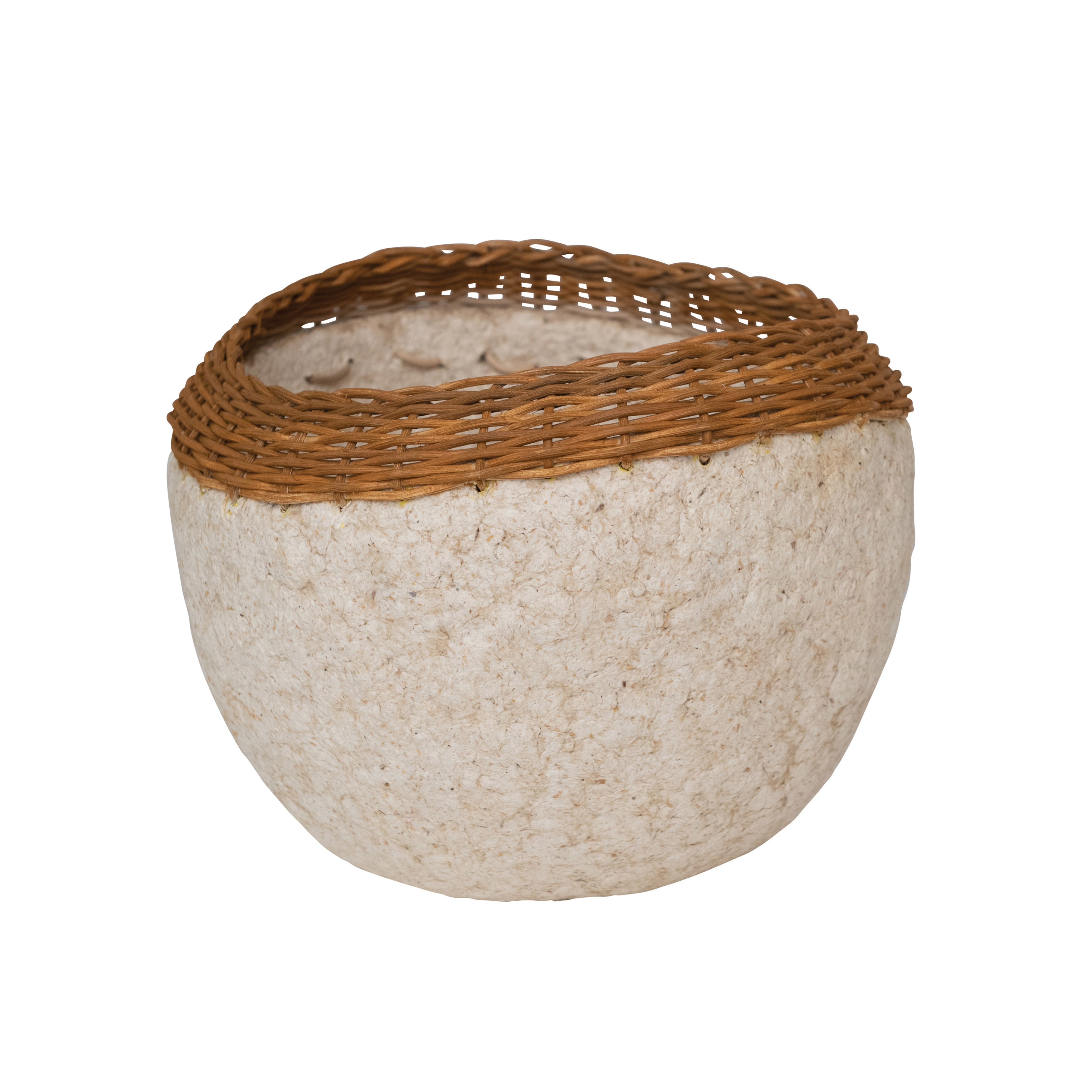 Creative Co-Op Decorative Handmade Paper Mache Bowl with Wicker Rim, White and Natural - Image 0