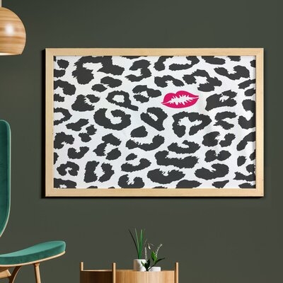 Ambesonne Safari Wall Art With Frame, Leopard Cheetah Animal Print Kiss Shape Lipstick Mark Dotted Trend Art, Printed Fabric Poster For Bathroom Living Room Dorms, 35" X 23", Charcoal Grey Pink - Image 0