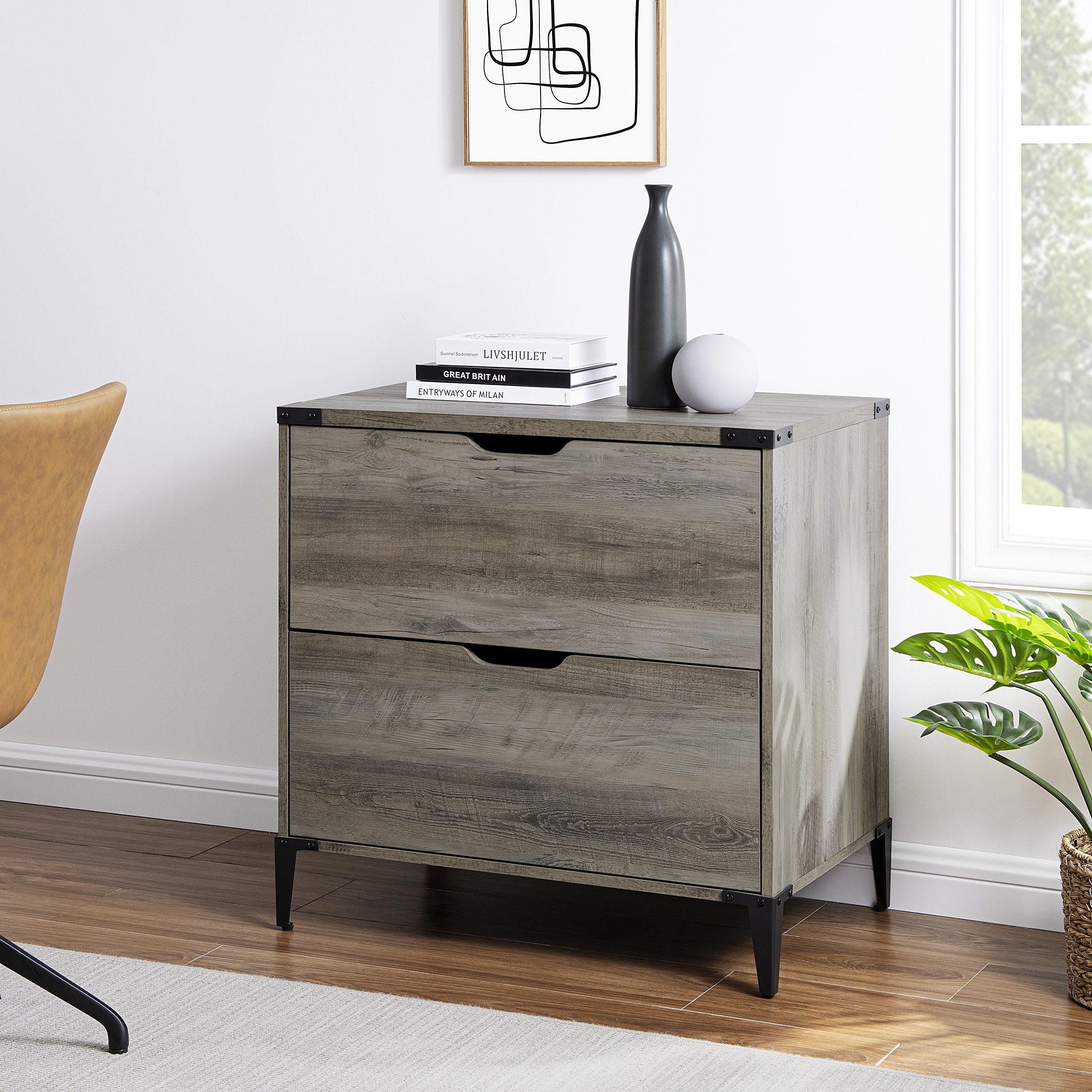 Modern Farmhouse Angle Iron 2-Drawer Filing Cabinet – Grey Wash  - Image 5