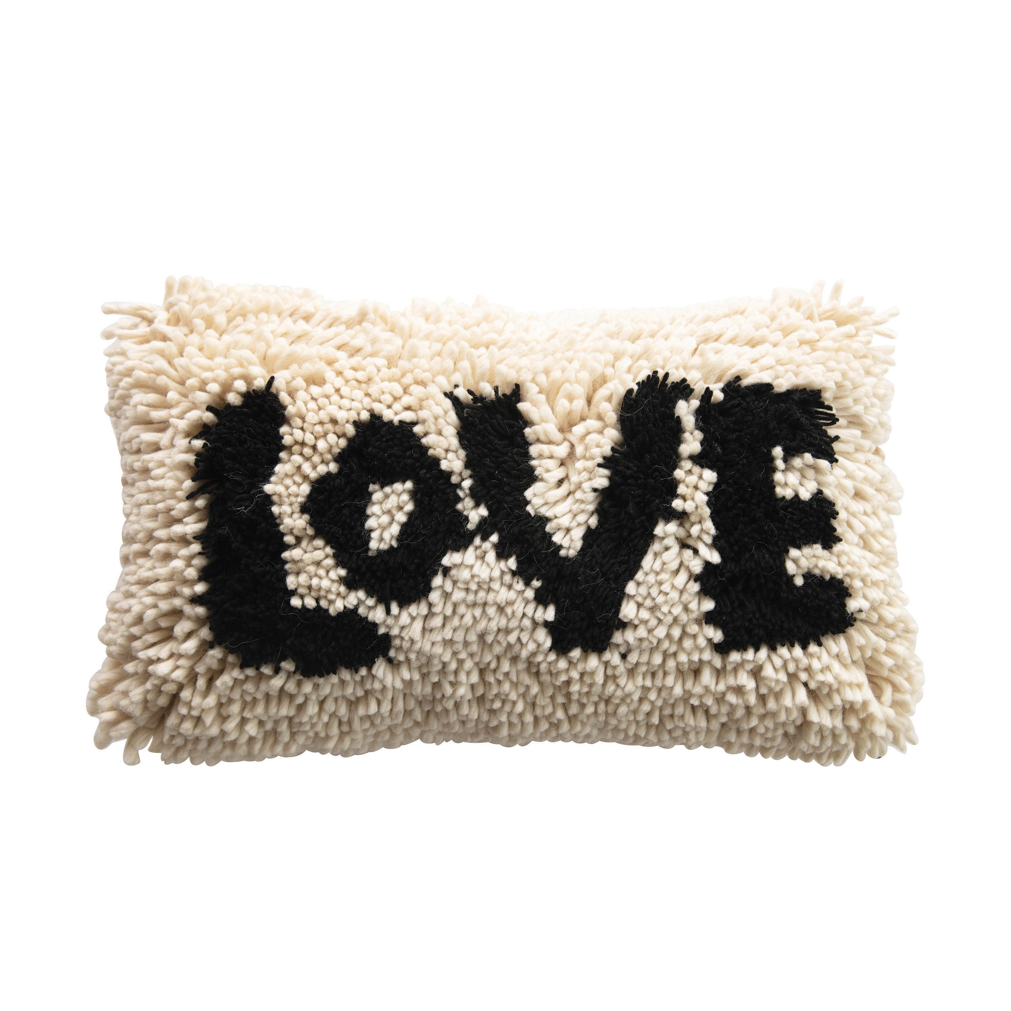 Woven Wool Shag Lumbar Pillow "Love", Black & Cream Color - Image 0
