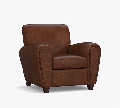 Manhattan Square Arm Leather Recliner with Bronze Nailheads, Polyester Wrapped Cushions, Churchfield Camel - Image 2