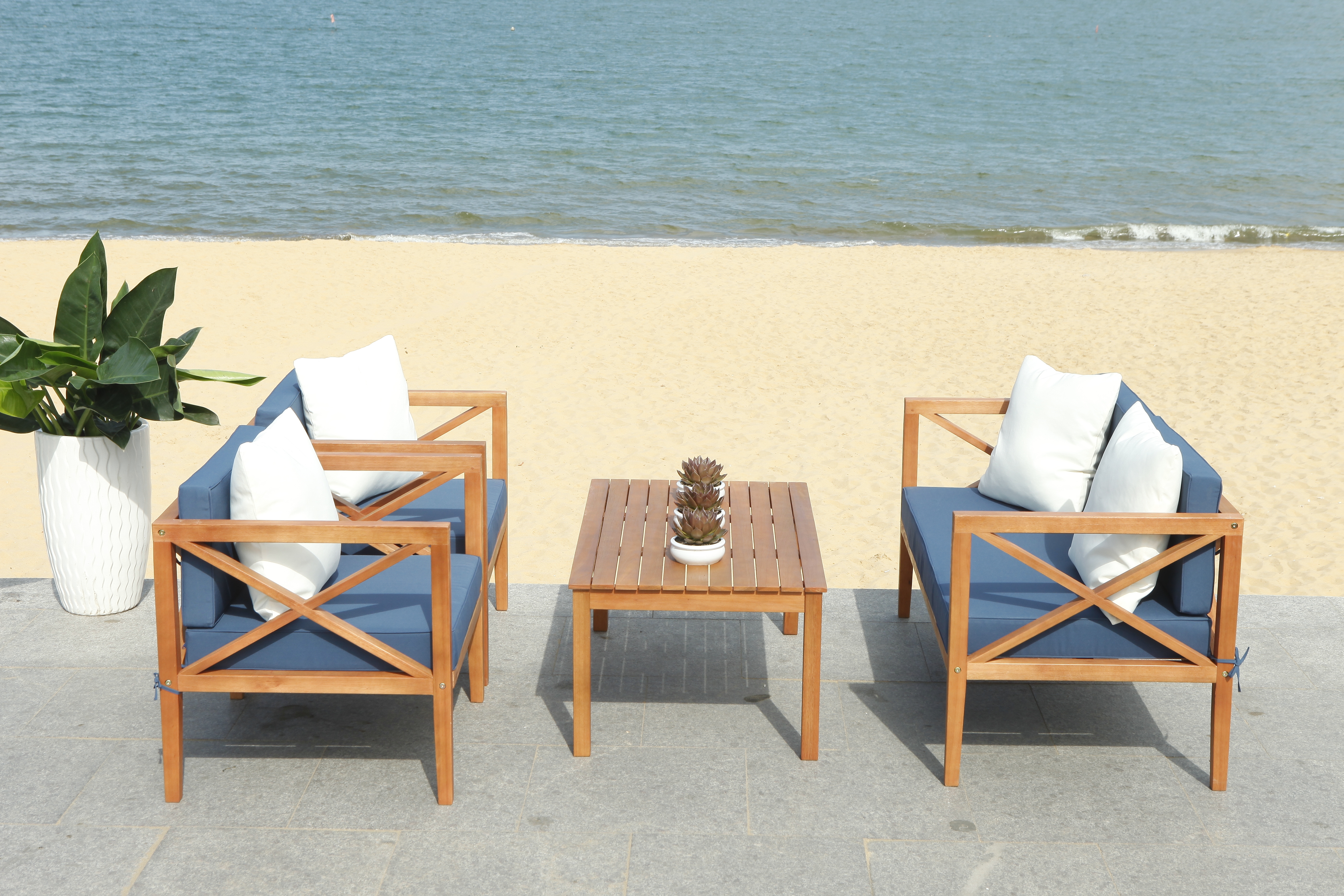 Nunzio 4 Piece Outdoor Set With Accent Pillows - Natural/Navy - Safavieh - Image 4
