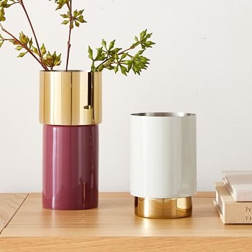 Brass and Enamel Tube Vase Small, Light Grey - Image 3