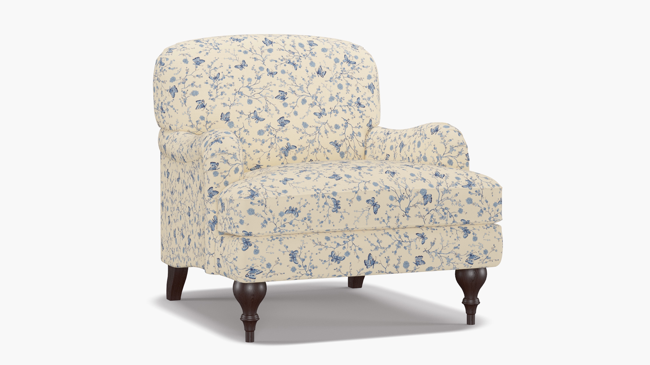 English Roll Arm Chair, Delft Mariposa, Espresso Turned Wood Leg - Image 1