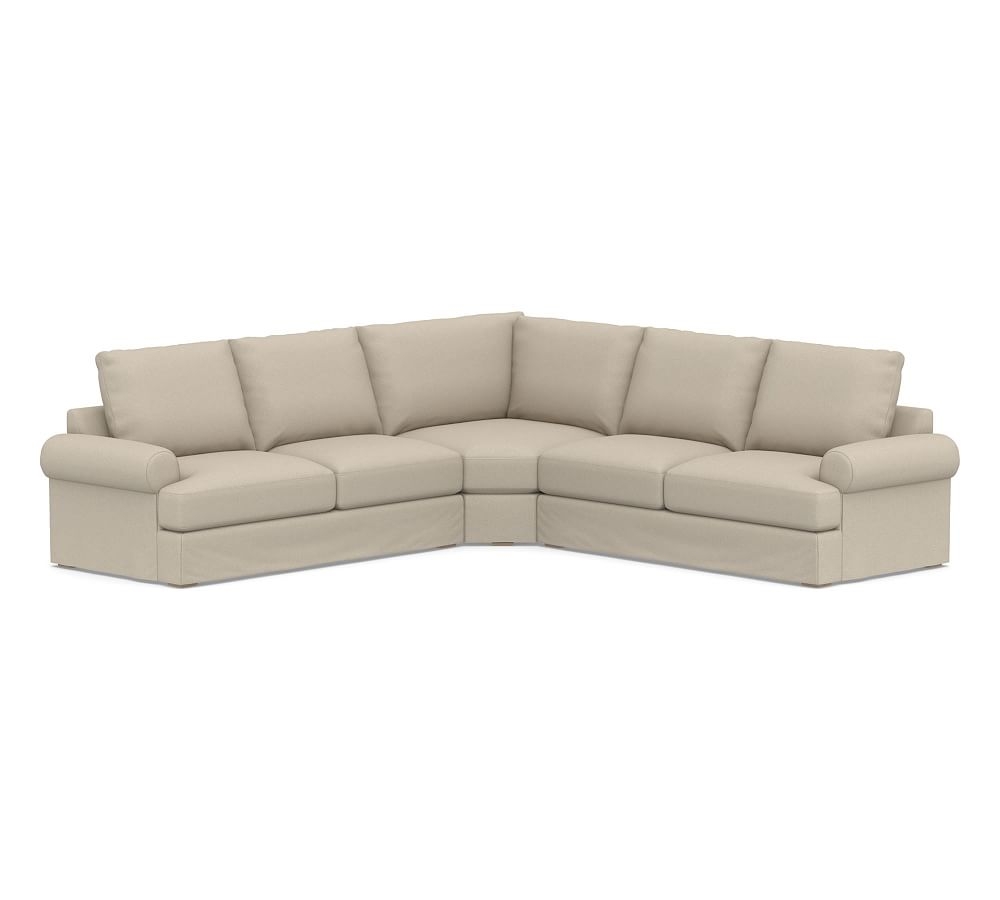 Canyon Roll Arm Slipcovered 3-Piece L-Shaped Wedge Sectional, Down Blend Wrapped Cushions, Brushed Crossweave Natural - Image 0