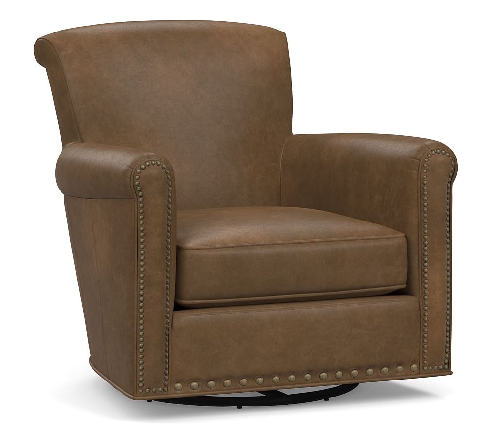 Irving Roll Arm Leather Swivel Glider with Bronze Nailheads, Polyester Wrapped Cushions Churchfield Chocolate - Image 0