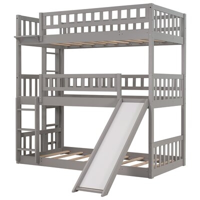 Twin-Over-Twin-Over-Twin Triple Bed Built-In Ladder Slide For Kids, Triple Bunk Bed Guardrails, Gray - Image 0
