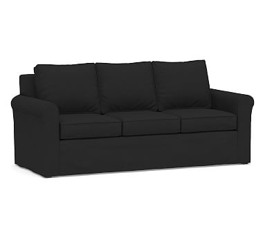 Cameron Roll Arm Slipcovered Queen Sleeper Sofa with Memory Foam Mattress, Polyester Wrapped Cushions, Textured Basketweave Black - Image 0