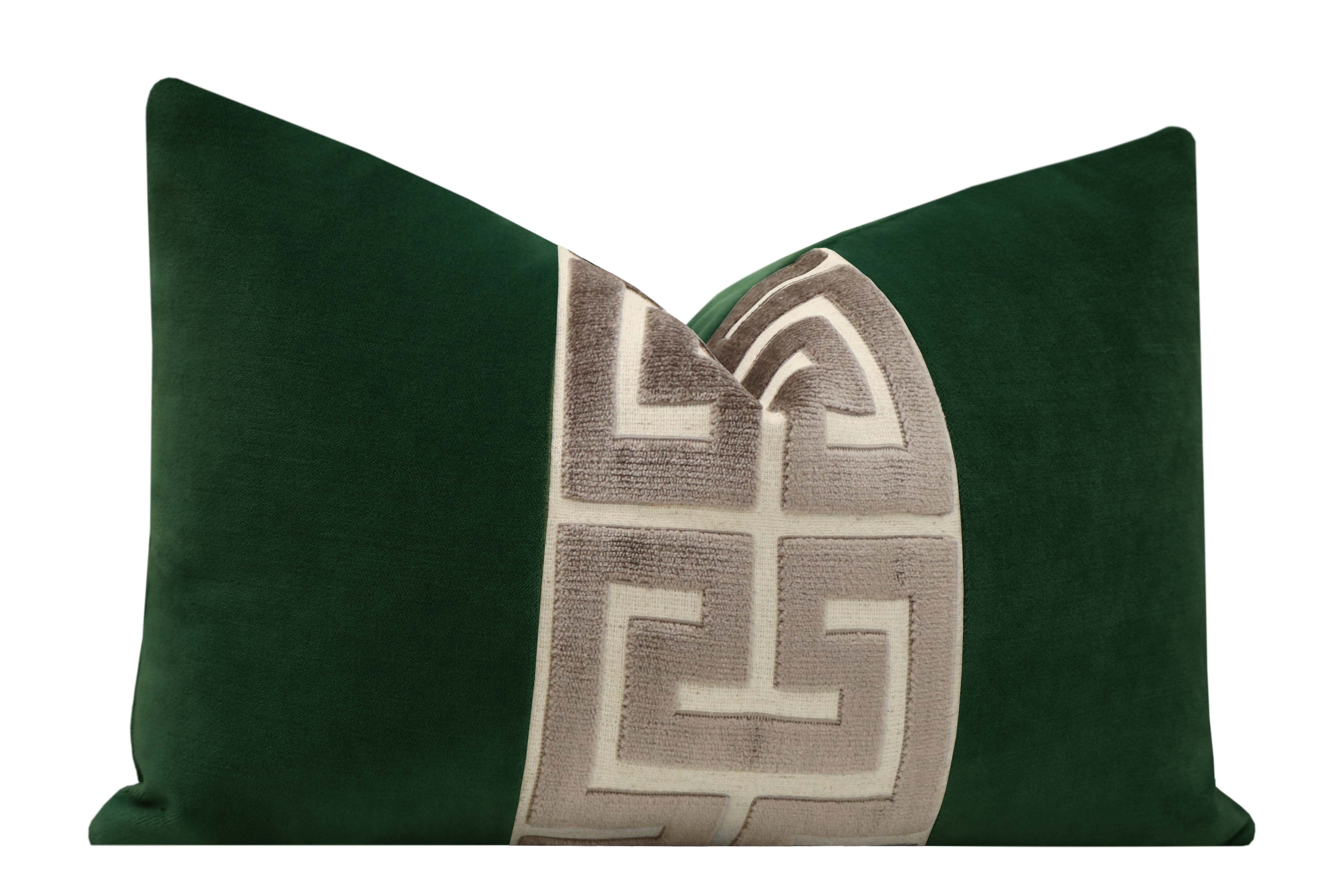 THE LITTLE LUMBAR :: SOCIETY VELVET // EMERALD + TAUPE GREEK TRIM - LITTLE LUMBAR 12" X 18" - Image 1