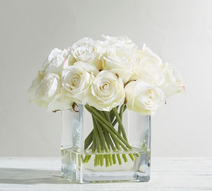 Faux Pure White Roses in Square Glass Vase - 9" - Image 1