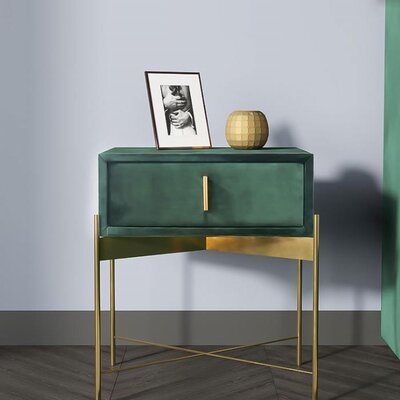 Green Bedroom Nightstand With Drawer Velvet Upholstered Bedside Table Stainless Steel Base - Image 0