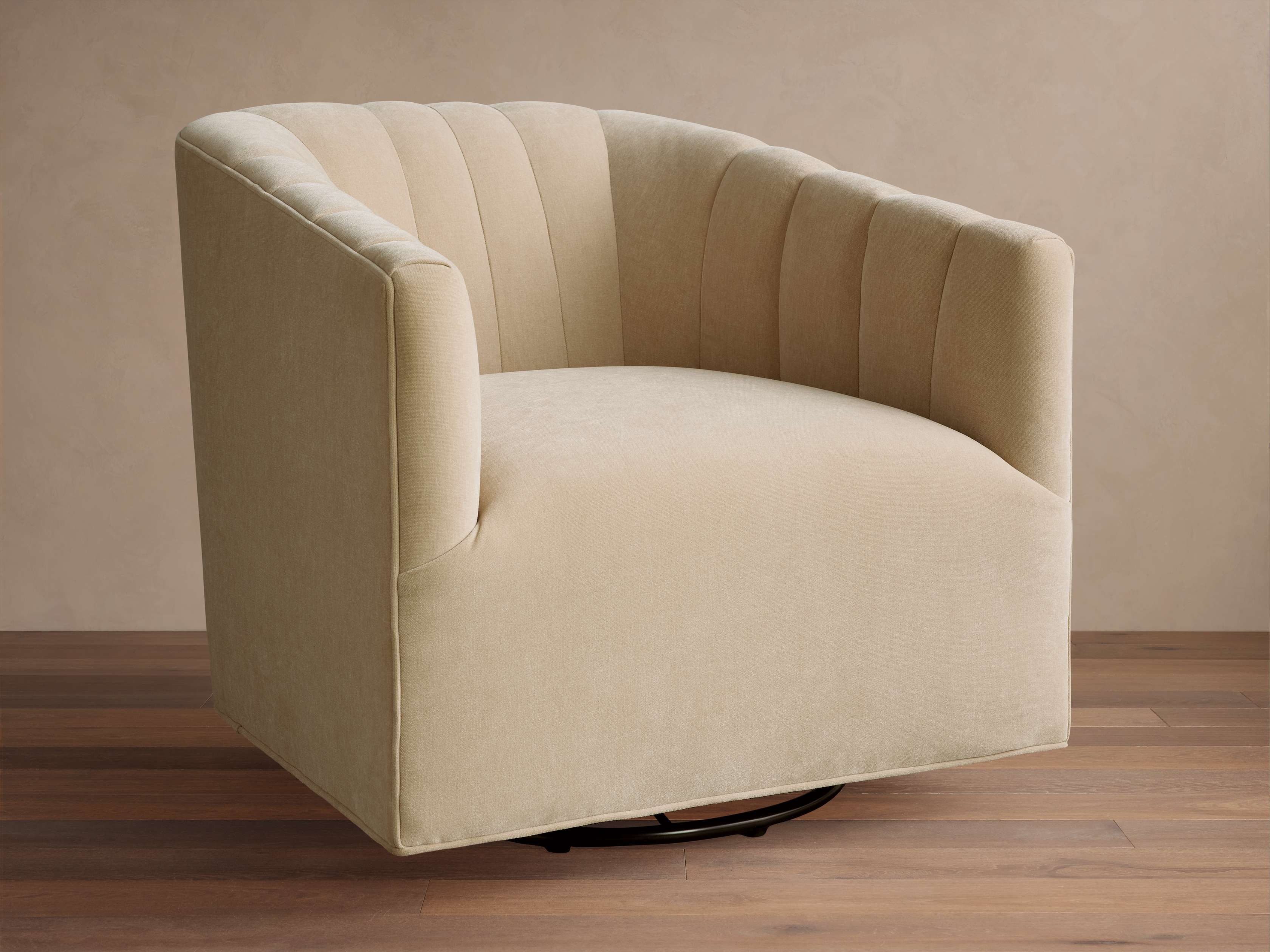 Ellison Channel-Stitched Swivel Chair in Upholstered Natural  Quincy Fawn - Image 0