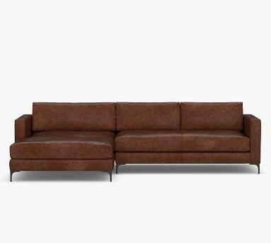 Jake Leather Right Arm Loveseat with Wide Chaise Sectional, Bench Cushion and Brushed Nickel Legs, Down Blend Wrapped Cushions, Vintage Cocoa - Image 2