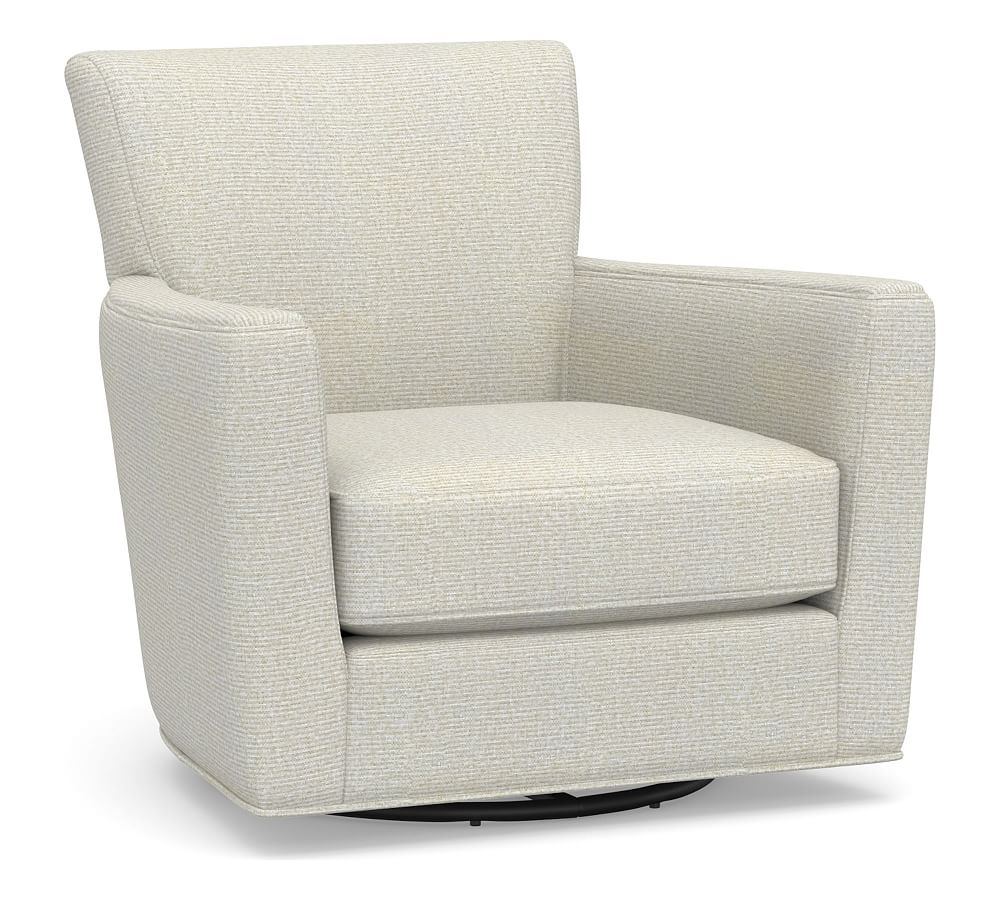 Irving Square Arm Upholstered Swivel Glider with Bronze Nailheads, Polyester Wrapped Cushions, Performance Heathered Basketweave Dove - Image 0