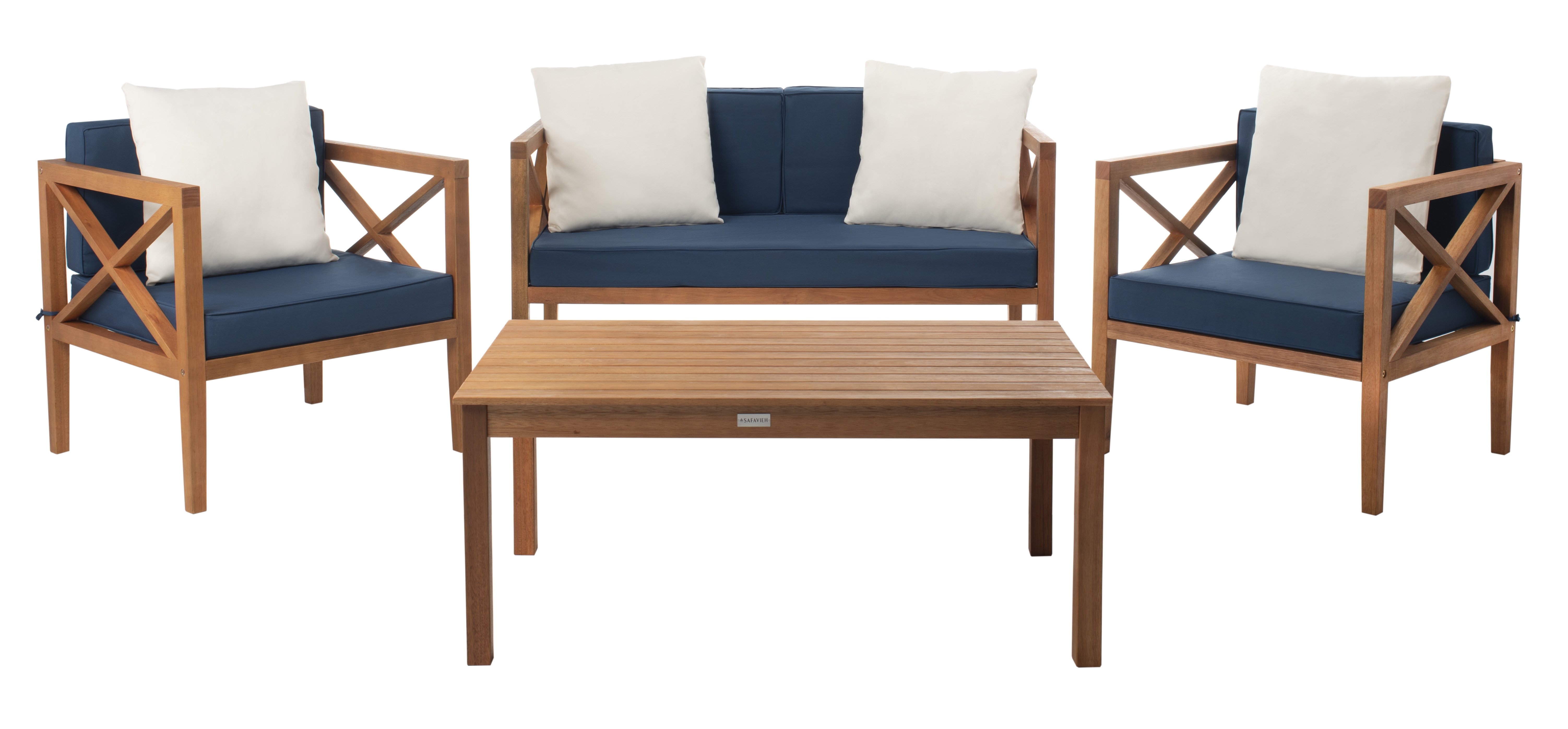 Nunzio 4 Piece Outdoor Set With Accent Pillows - Natural/Navy - Safavieh - Image 0