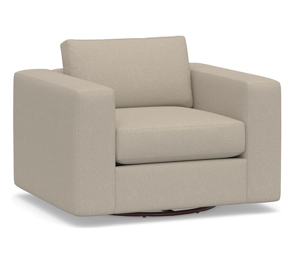 Carmel Square Arm Upholstered Swivel Armchair, Down Blend Wrapped Cushions, Performance Brushed Basketweave Sand - Image 0