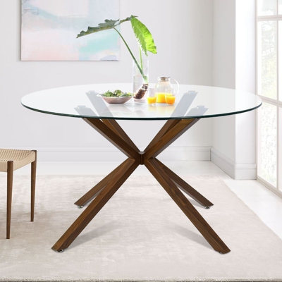 39" Glass Round Dining Table, Walnut Legs - Image 0