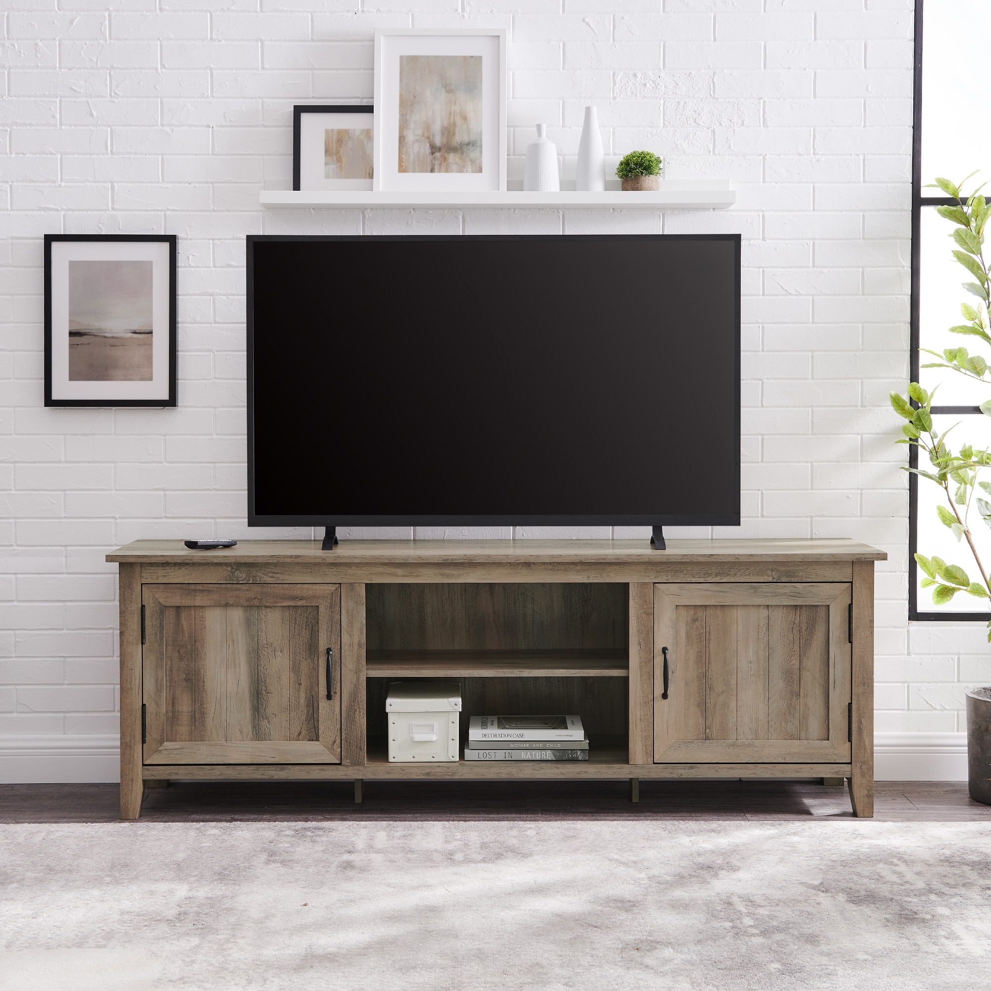 70" Modern Farmhouse Simple Grooved Door Wood TV Stand - Grey Wash  - Image 5