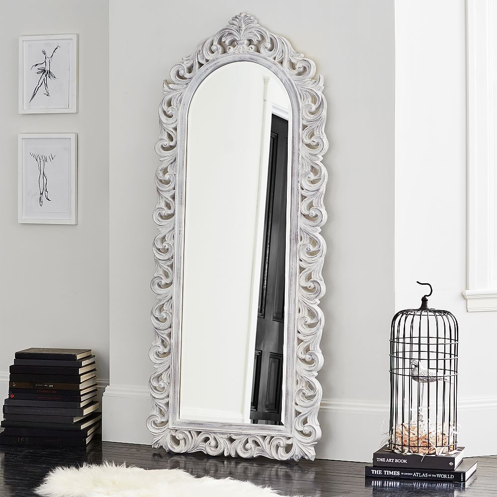 Ornate Wooden Floor Mirror, White, In-Home - Image 0