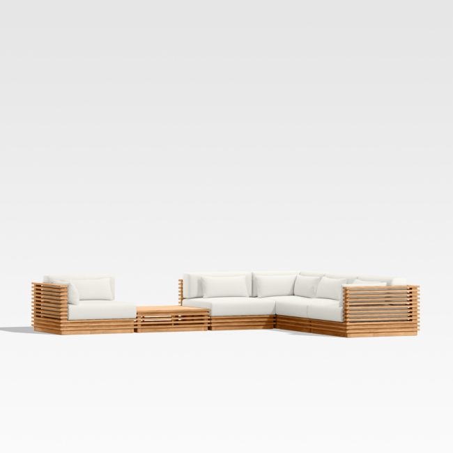 Batten Natural Teak 6-Piece L-Shaped Outdoor Sectional Sofa with Side Coffee Table & Canvas Sunbrella ® Cushions - Image 0