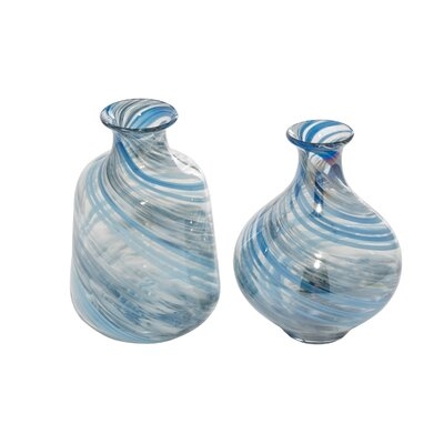 Set Of 2 Blue Glass Contemporary Vase 7"W, 10"H - Image 0