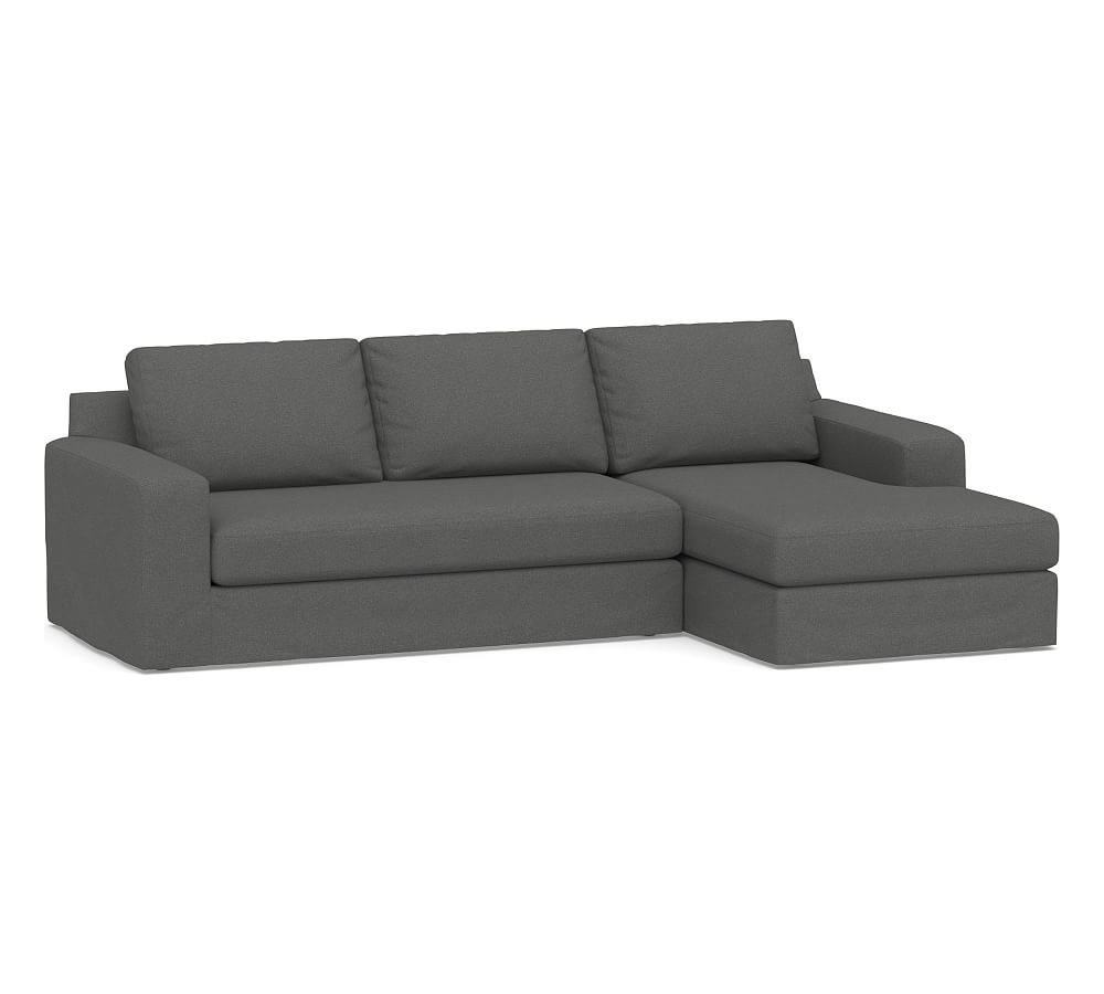 Big Sur Square Arm Slipcovered Left Arm Loveseat with Chaise SCT and Bench Cushion, Down Blend Wrapped Cushions, Park Weave Charcoal - Image 0