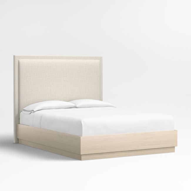 Meraux 56" Natural Beige Upholstered Queen Headboard with Batten White Oak Bed Base - Image 0