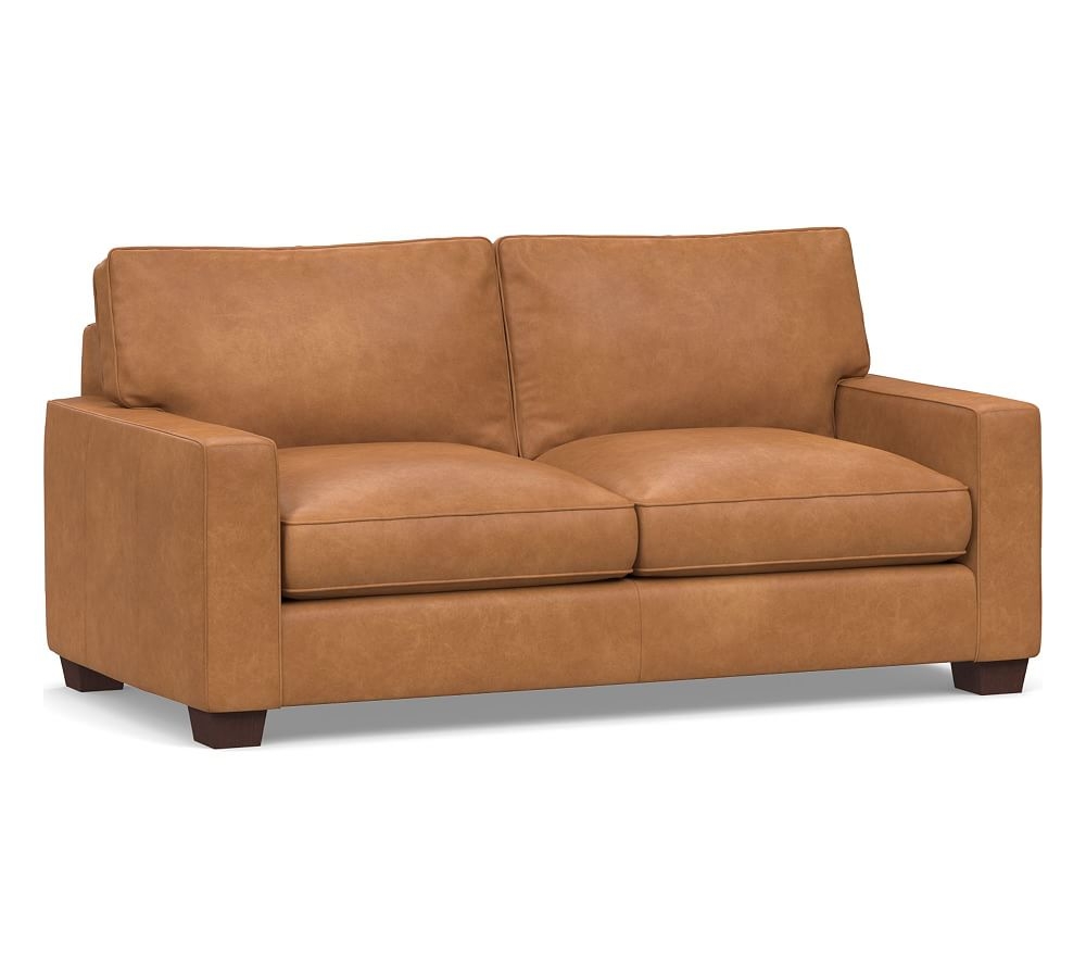 PB Comfort Square Arm Leather Sofa 78", Polyester Wrapped Cushions, Churchfield Camel - Image 0