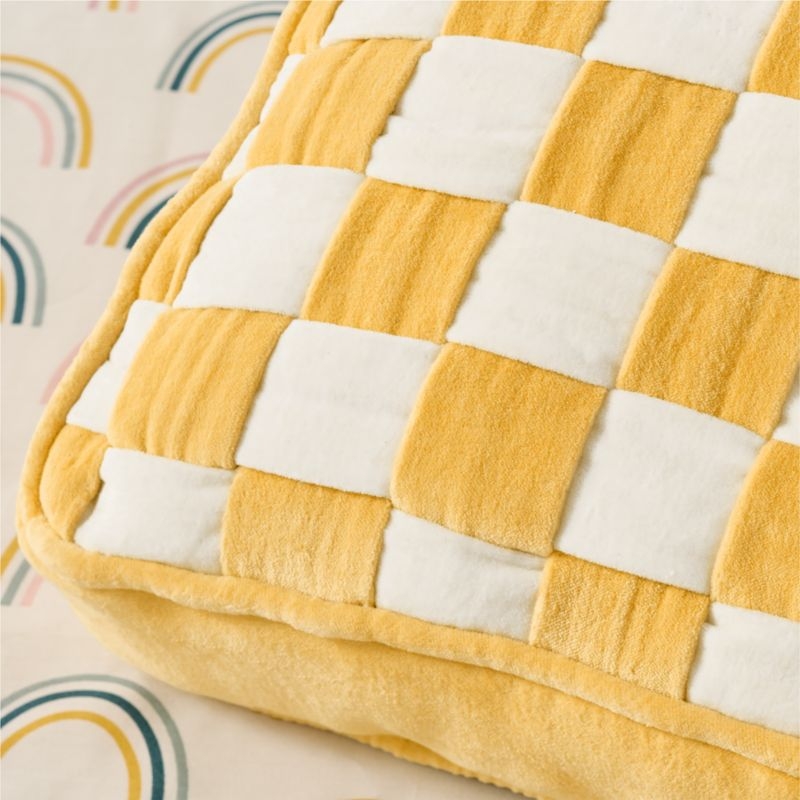 Checkerboard Custard Yellow and Arctic Ivory Velvet  Kids Throw Pillow - Image 1