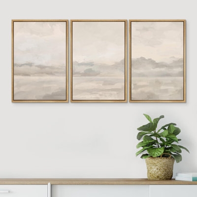 Pastel Watercolor Cloudy Sky Gray Abstract Landscape Framed On Canvas 3 Pieces Print - Image 0